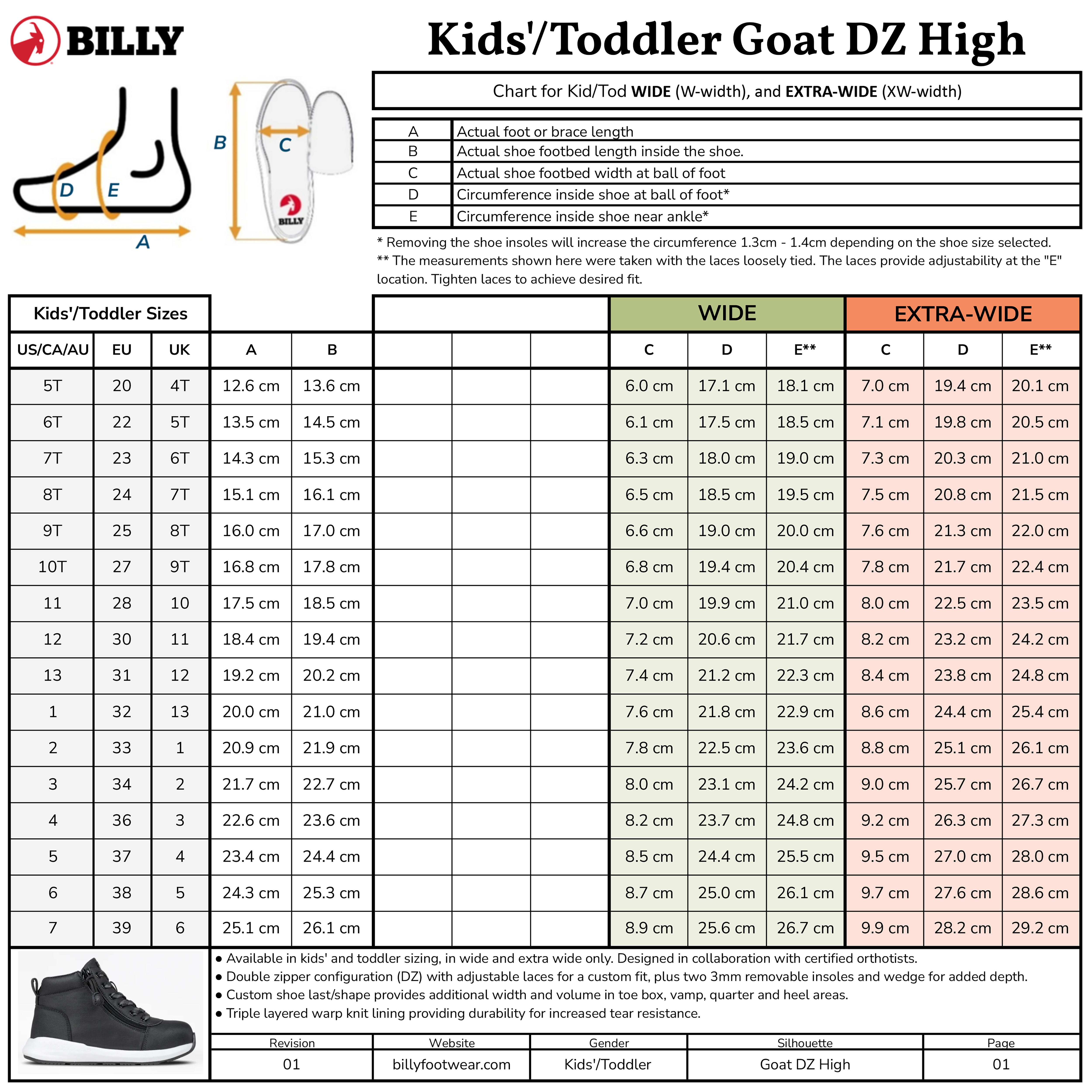 Sizing chart for Rugged Black BILLY Goat DZ High kids/toddler shoes by BILLY Footwear shows US, UK, EU sizes, foot lengths in cm, sole widths (wide/extra-wide), AFO-friendly double zipper for easy on/off, and a diagram on measuring foot length.