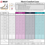Men’s shoe sizing chart for the BILLY Footwear Men’s White Leather Comfort Luxe, a sensory-friendly style in Medium, Wide, and Extra-Wide widths. Includes US/EU/UK sizes, foot measurements, diagrams, notes, and the BILLY logo top left.