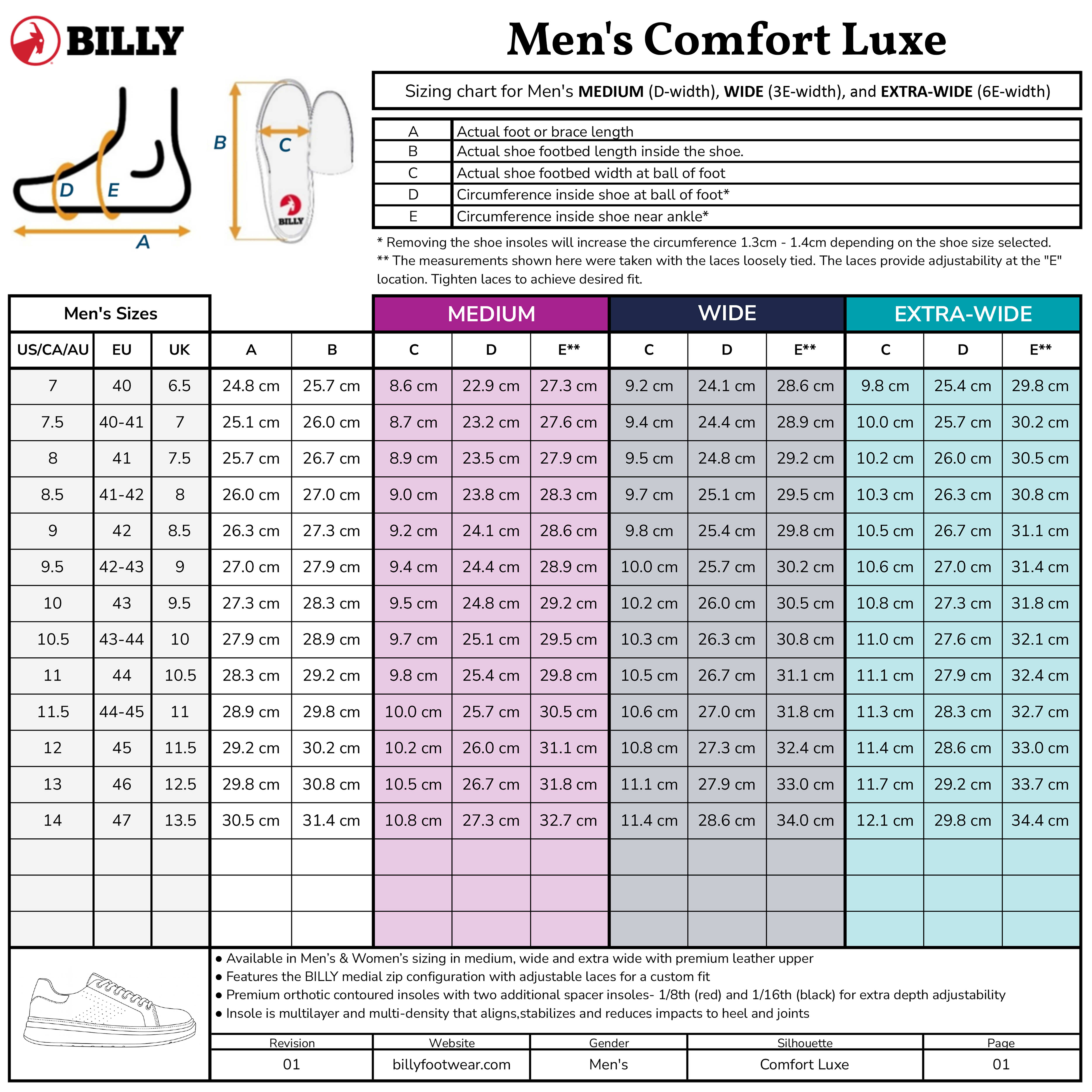 Men’s shoe sizing chart for the BILLY Footwear Men’s White Leather Comfort Luxe, a sensory-friendly style in Medium, Wide, and Extra-Wide widths. Includes US/EU/UK sizes, foot measurements, diagrams, notes, and the BILLY logo top left.