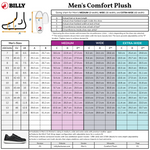 The sizing chart for the Men's Charcoal Suede BILLY Comfort Plush by BILLY Footwear shows US, UK, and EU sizes in Medium, Wide, and Extra-Wide widths. It features fit instructions, product info, and an image highlighting the wraparound zipper.