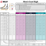 Sizing chart for the Men's Black/White BILLY Goat Classic High by BILLY Footwear, showing US, UK, EU sizes, foot lengths, widths (Medium/Wide/Extra-Wide), plus a shoe diagram and fitting instructions—great for orthotics or braces.
