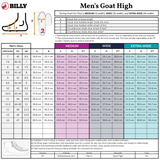 Sizing chart for the Men's Black/White BILLY Goat Classic High by BILLY Footwear, showing US, UK, EU sizes, foot lengths, widths (Medium/Wide/Extra-Wide), plus a shoe diagram and fitting instructions—great for orthotics or braces.