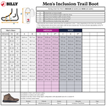 Sizing chart for Men’s Taupe BILLY Inclusion Trail Boot by BILLY Footwear with foot measurements (medium/wide), US/UK/EU conversions, fitting tips, shoe component diagram, easy on/off zipper detail, and boot image at bottom left.