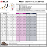 Sizing chart for Men’s Taupe BILLY Inclusion Trail Boot by BILLY Footwear with foot measurements (medium/wide), US/UK/EU conversions, fitting tips, shoe component diagram, easy on/off zipper detail, and boot image at bottom left.