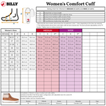 Sizing chart for BILLY Women's Comfort Cuff with measurements and shoe size conversion.