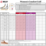 Sizing chart for BILLY Women's Comfort Cuff with measurements and shoe size conversion.
