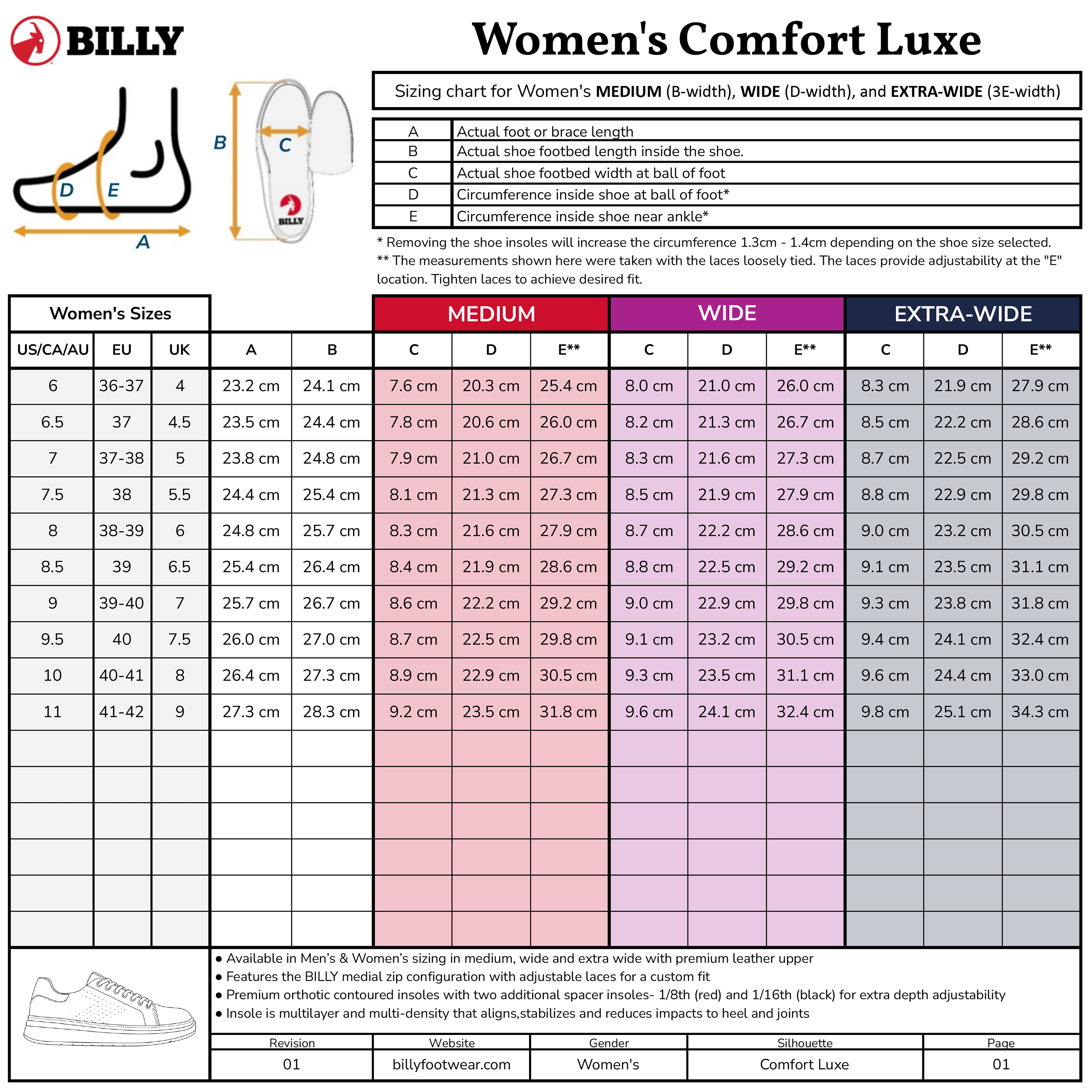 Sizing chart for Women's Black Leather BILLY Comfort Luxe by BILLY Footwear: US/CA/AU, UK, EU sizes, foot length (cm), Medium/Wide/Extra-Wide widths, shoe diagram, and sensory-friendly fitting instructions.