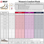 Sizing chart for BILLY Footwear’s Women’s White Leather BILLY Comfort Plush shoes shows US, CA, EU & UK sizes, footbed lengths, ball & heel circumferences, medium to extra-wide widths, a wraparound zipper diagram, and a product photo.
