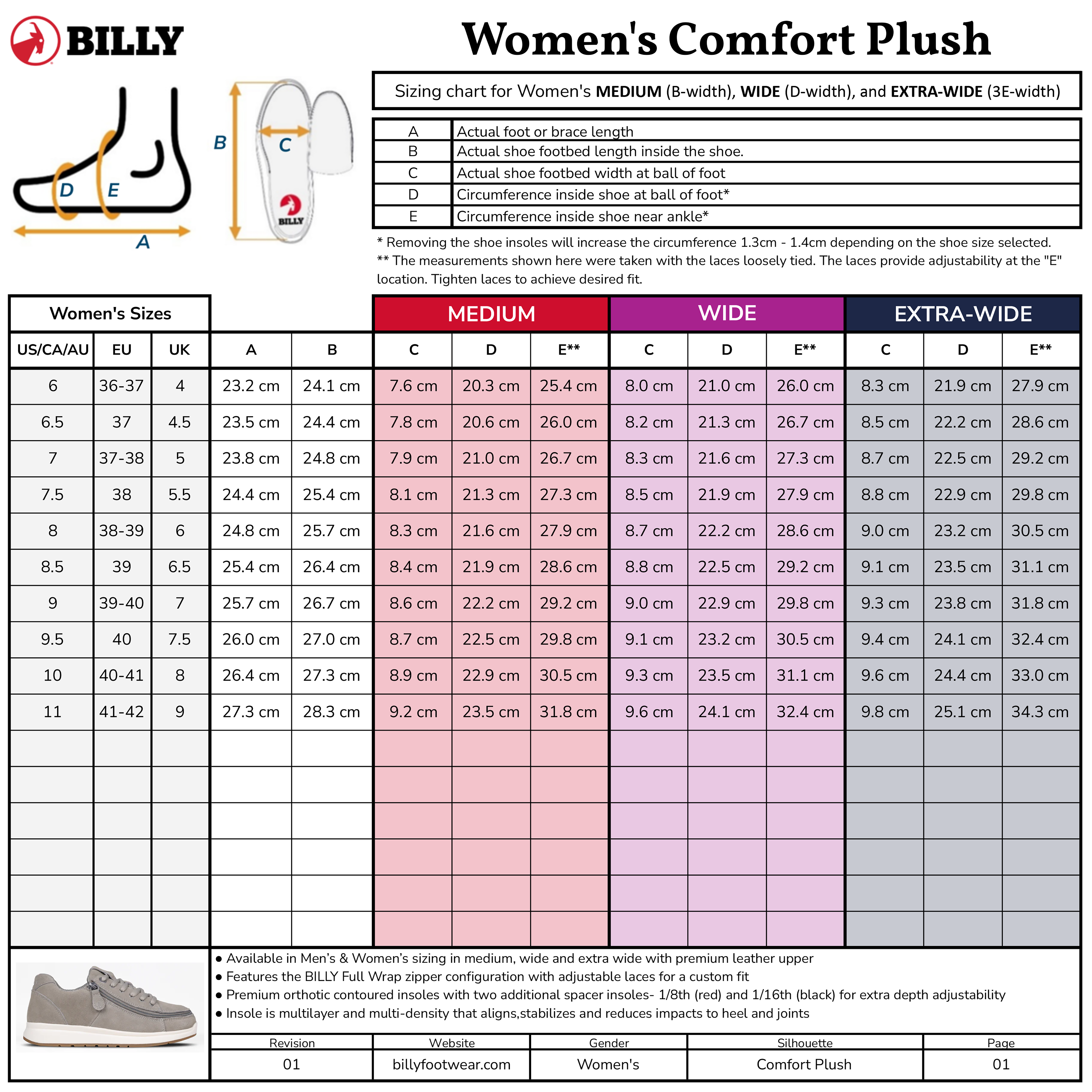Sizing chart for BILLY Footwear’s Women’s White Leather BILLY Comfort Plush shoes shows US, CA, EU & UK sizes, footbed lengths, ball & heel circumferences, medium to extra-wide widths, a wraparound zipper diagram, and a product photo.