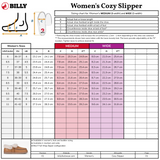 The sizing chart for the Women's Chestnut BILLY Cozy Slipper by BILLY Footwear displays US/EU/UK sizes, foot lengths, widths, and measurement diagrams. Medium and wide fits are included. A chestnut slipper image appears in the bottom left corner.
