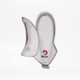 A top view of the open Grey Jersey BILLY Classic Lace High shoe by BILLY Footwear shows the wraparound zipper, white insole with red Billy logo and goat head, and the shoe’s label on the left side.