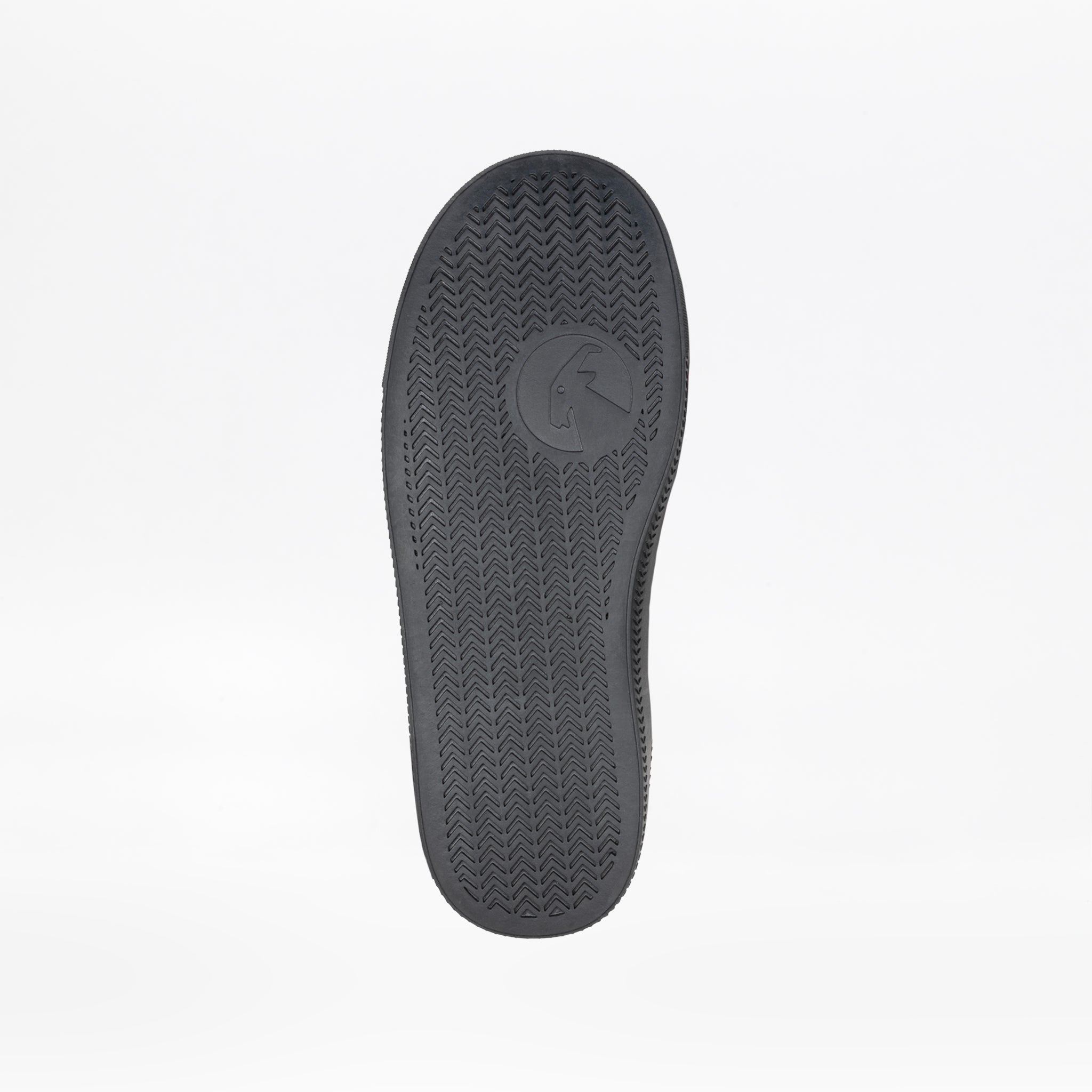 A black sole with a herringbone tread and circular logo is shown for the Black to the Floor BILLY Classic Lace High by BILLY Footwear, featuring a wraparound zipper design, set against a white background.