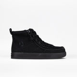 The Black to the Floor BILLY Classic Lace High by BILLY Footwear is a black high-top sneaker with a wraparound zipper, round toe, black laces, removable insoles, and a black rubber sole, displayed in profile on a white background.