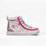 The SALE - White Rainbow BILLY Classic Lace High by BILLY Footwear is a kids’ high top sneaker featuring a pink wraparound zipper, rainbow laces, glittery rainbow back panel, round logo near the heel, and a light-colored sole.
