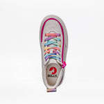 A top view of the SALE - White Rainbow BILLY Classic Lace High kids sneaker by BILLY Footwear features rainbow laces, a pink side zipper, a red BILLY logo on the insole, and a heel loop with a rainbow pattern.