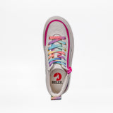A top view of the SALE - White Rainbow BILLY Classic Lace High kids sneaker by BILLY Footwear features rainbow laces, a pink side zipper, a red BILLY logo on the insole, and a heel loop with a rainbow pattern.