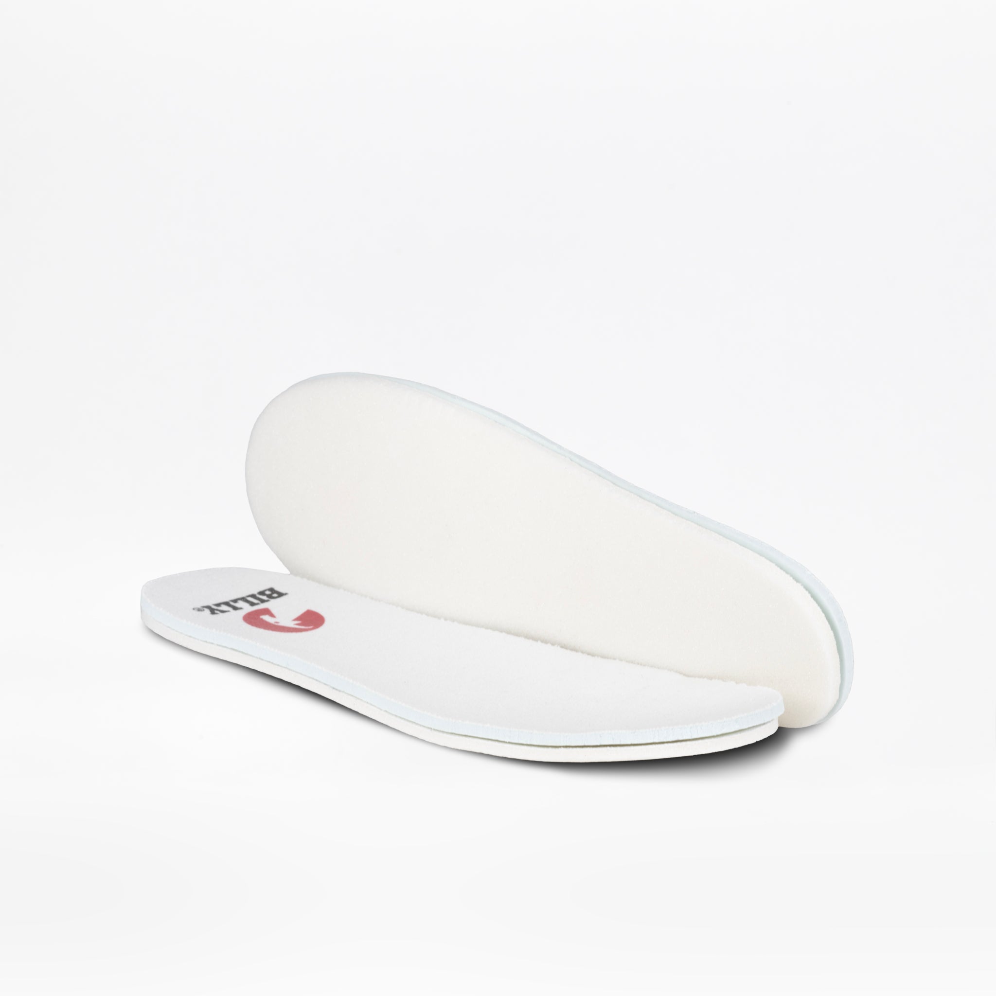 Two white insoles are shown on a white background—one flat with a small logo, the other upright to show thickness and curve—ideal for the SALE - White Rainbow BILLY Classic Lace High kids’/toddler sneakers from BILLY Footwear.