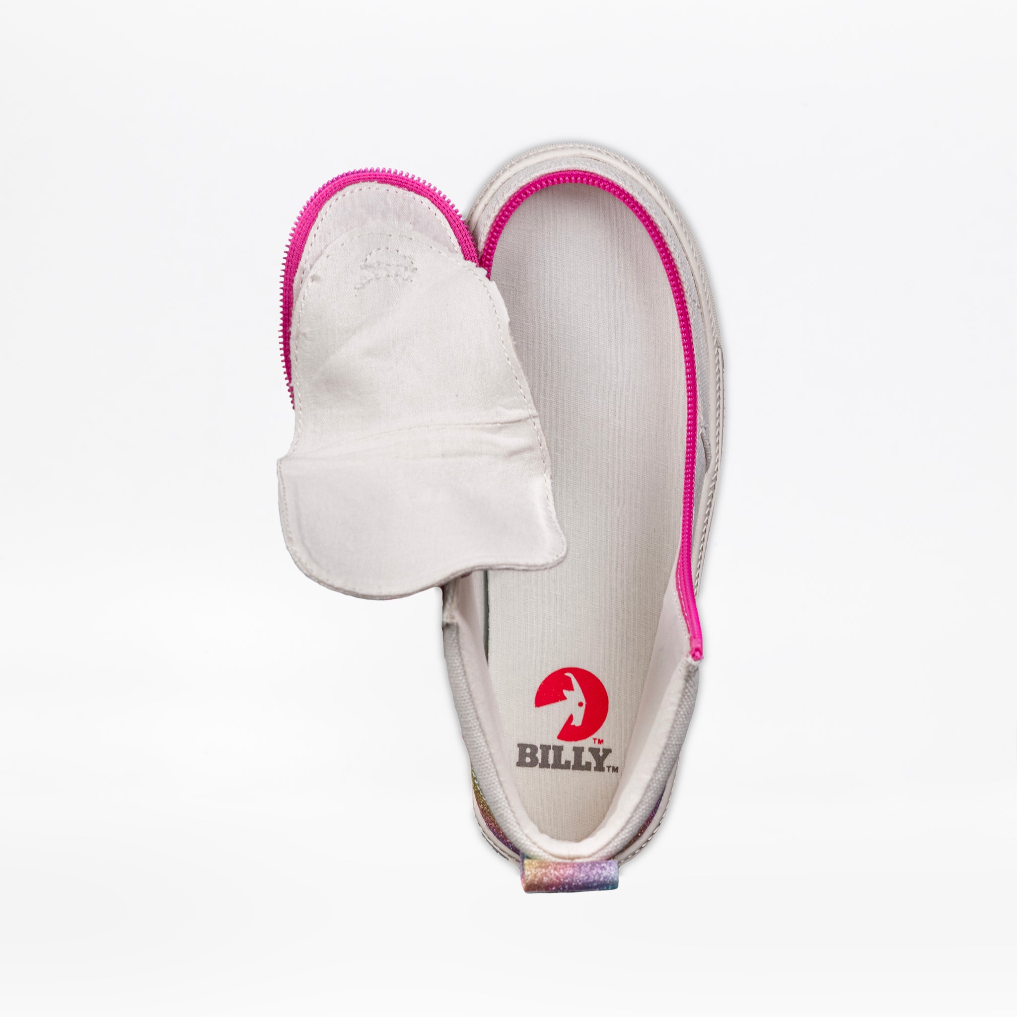 The SALE - White Rainbow BILLY Classic Lace High by BILLY Footwear is a white kids' high top with a pink wraparound zipper, red BILLY logo on the insole, and metallic rear pull tab.