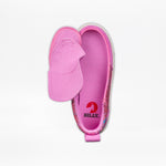 A top view of the SALE - Pink Print BILLY Classic Lace High by BILLY Footwear, a kids' sneaker in bright pink with a wraparound zipper open to show the inner sole and BILLY logo for easy access.