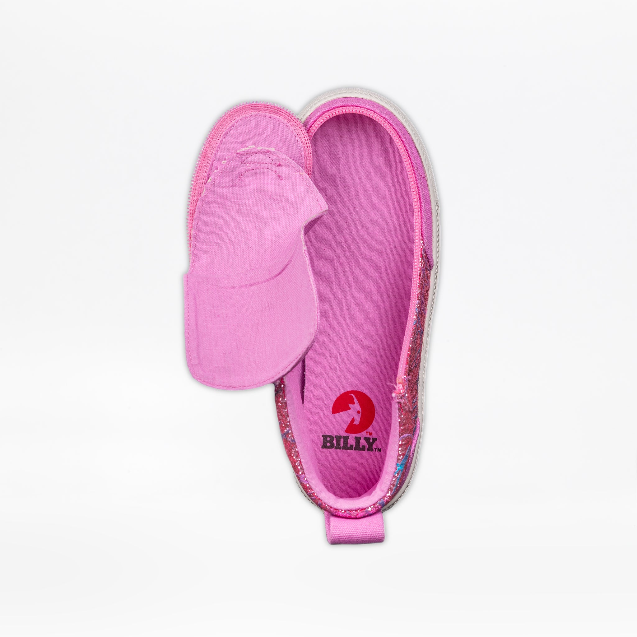 A top view of the SALE - Pink Print BILLY Classic Lace High by BILLY Footwear, a kids' sneaker in bright pink with a wraparound zipper open to show the inner sole and BILLY logo for easy access.
