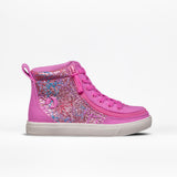The SALE - Pink Print BILLY Classic Lace High by BILLY Footwear is a pink high-top kids sneaker with sparkly glitter, blue accents, a wraparound zipper, pink laces, and a light gray rubber sole—ideal for any occasion.