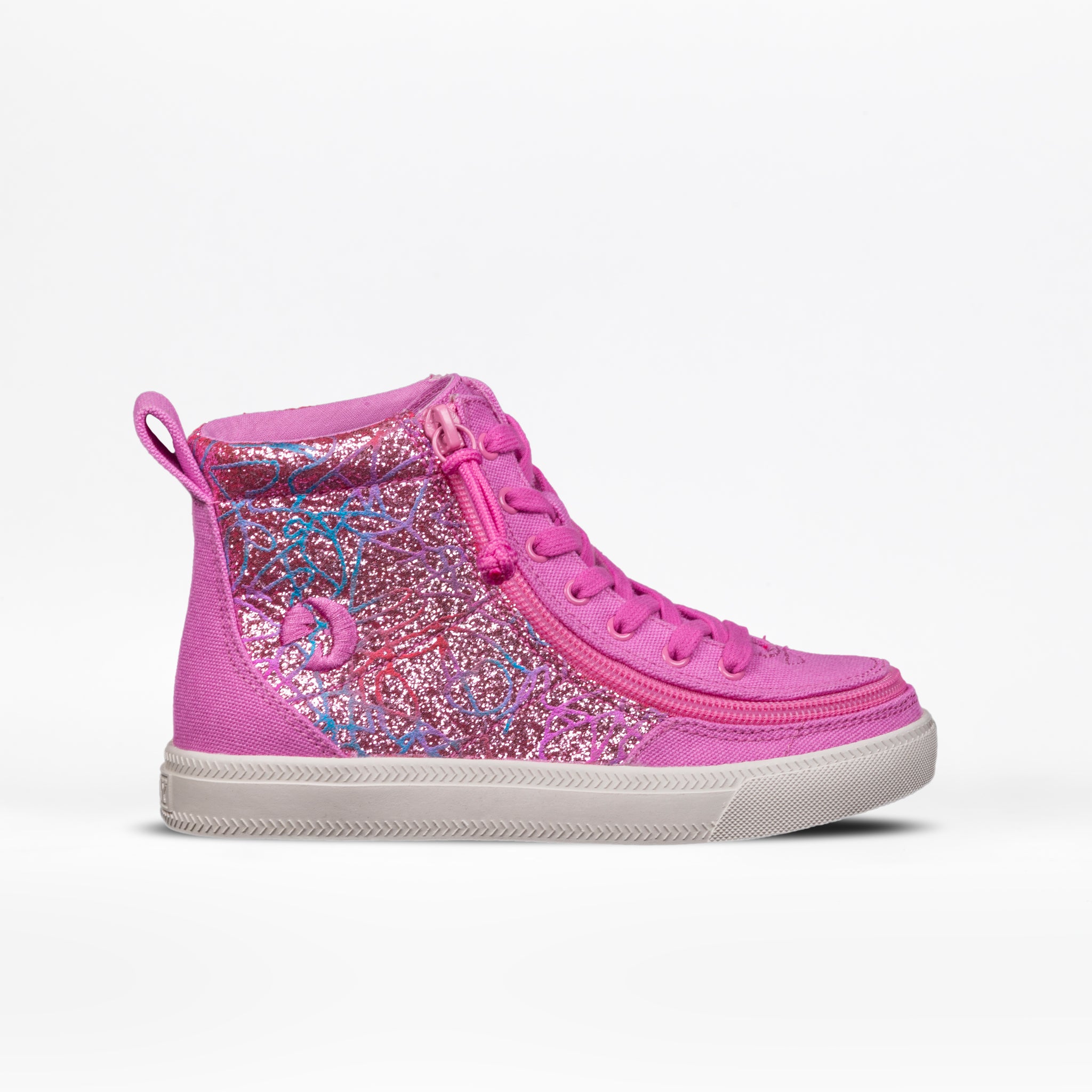 The SALE - Pink Print BILLY Classic Lace High by BILLY Footwear is a pink high-top kids sneaker with sparkly glitter, blue accents, a wraparound zipper, pink laces, and a light gray rubber sole—ideal for any occasion.
