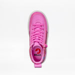 Top view of the SALE - Pink Print BILLY Classic Lace High kids sneakers by BILLY Footwear, featuring lace-up front, wraparound zipper, and branded insole with red logo. The bright pink shoe is displayed against a white background.