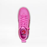 Top view of the SALE - Pink Print BILLY Classic Lace High kids sneakers by BILLY Footwear, featuring lace-up front, wraparound zipper, and branded insole with red logo. The bright pink shoe is displayed against a white background.