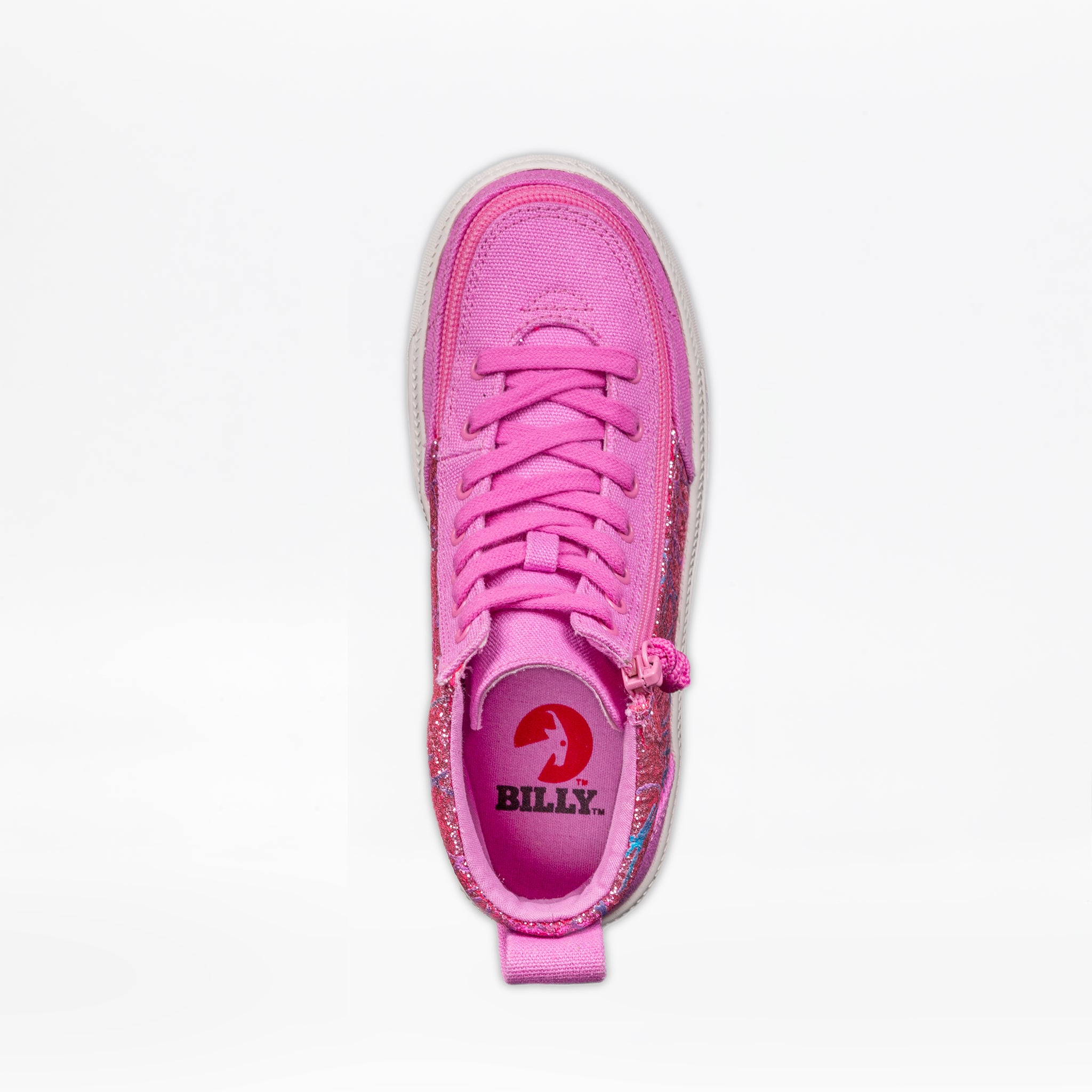 Top view of the SALE - Pink Print BILLY Classic Lace High kids sneakers by BILLY Footwear, featuring lace-up front, wraparound zipper, and branded insole with red logo. The bright pink shoe is displayed against a white background.