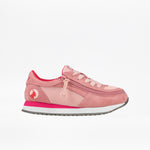 The BILLY Footwear Kids'/Toddler Joggers in pink feature laces, a side zipper, mesh and suede-like materials, a white and gray rubber sole with FlipTop Technology, and a small circular logo near the heel. Shown on a plain white background.