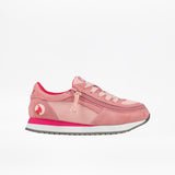The BILLY Footwear Kids'/Toddler Joggers in pink feature laces, a side zipper, mesh and suede-like materials, a white and gray rubber sole with FlipTop Technology, and a small circular logo near the heel. Shown on a plain white background.