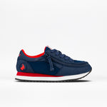 The Kids'/Toddler Joggers by BILLY Footwear feature a navy upper, red accents, white midsole, black outsole, side zipper, and a red unicorn logo on the heel with FlipTop Technology, shown on a white background.