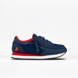 The Kids'/Toddler Joggers by BILLY Footwear feature a navy upper, red accents, white midsole, black outsole, side zipper, and a red unicorn logo on the heel with FlipTop Technology, shown on a white background.