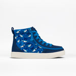 The SALE - Blue Sharks BILLY Classic Lace High by BILLY Footwear is a blue kids’ high top sneaker with a white sole, blue laces, swimming sharks on the side panel, and a wraparound zipper for easy on and off.