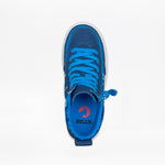 Top view of the SALE - Blue Sharks BILLY Classic Lace High kids sneaker by BILLY Footwear, featuring blue laces, a wraparound front zipper, and an insole with the red BILLY logo. The background is plain white.