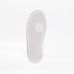 A white sneaker sole with a herringbone pattern and a circular logo featuring a stylized K, designed for the SALE - Blue Sharks BILLY Classic Lace High kids’/toddler high tops by BILLY Footwear, with a convenient wraparound zipper.
