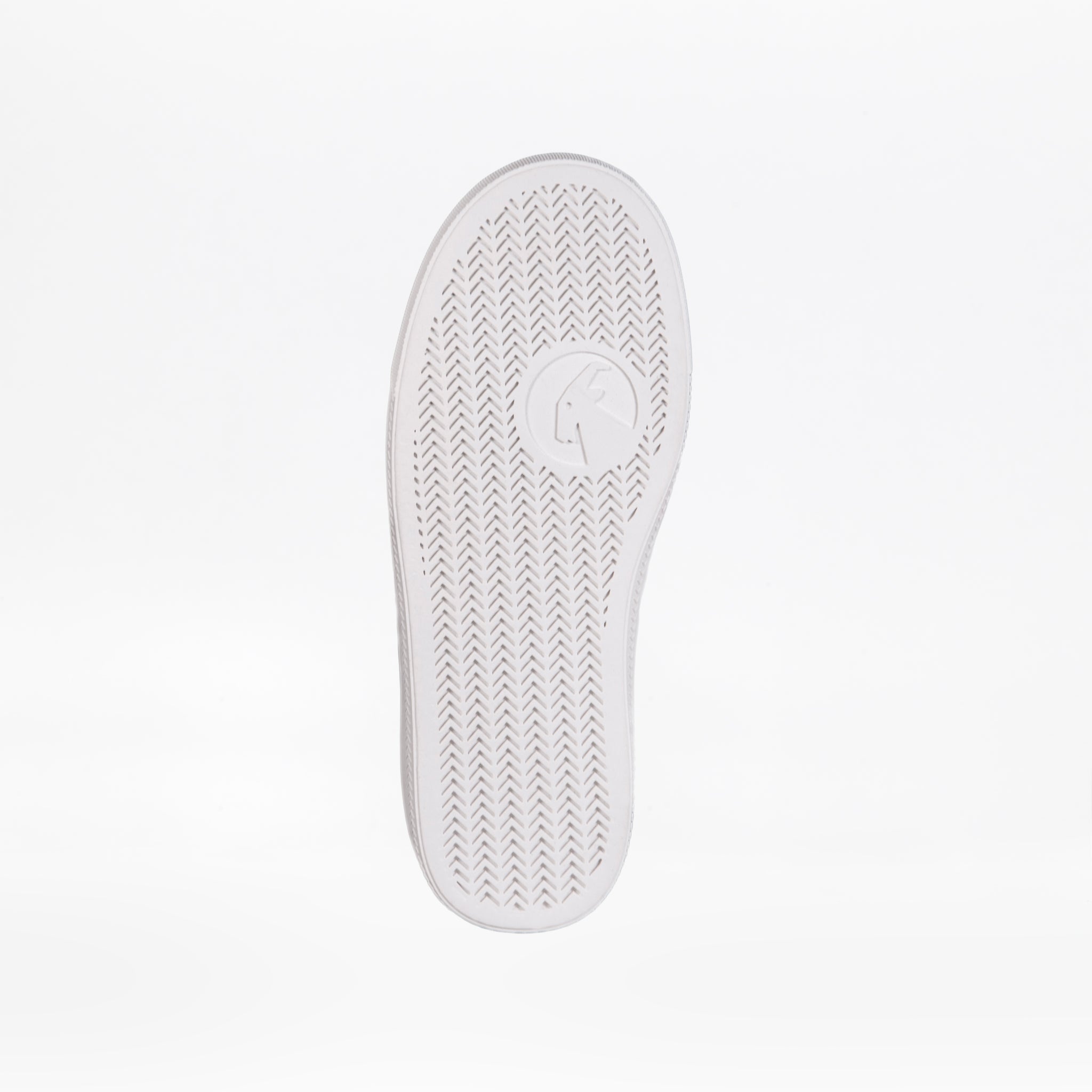 A white sneaker sole with a herringbone pattern and a circular logo featuring a stylized K, designed for the SALE - Blue Sharks BILLY Classic Lace High kids’/toddler high tops by BILLY Footwear, with a convenient wraparound zipper.