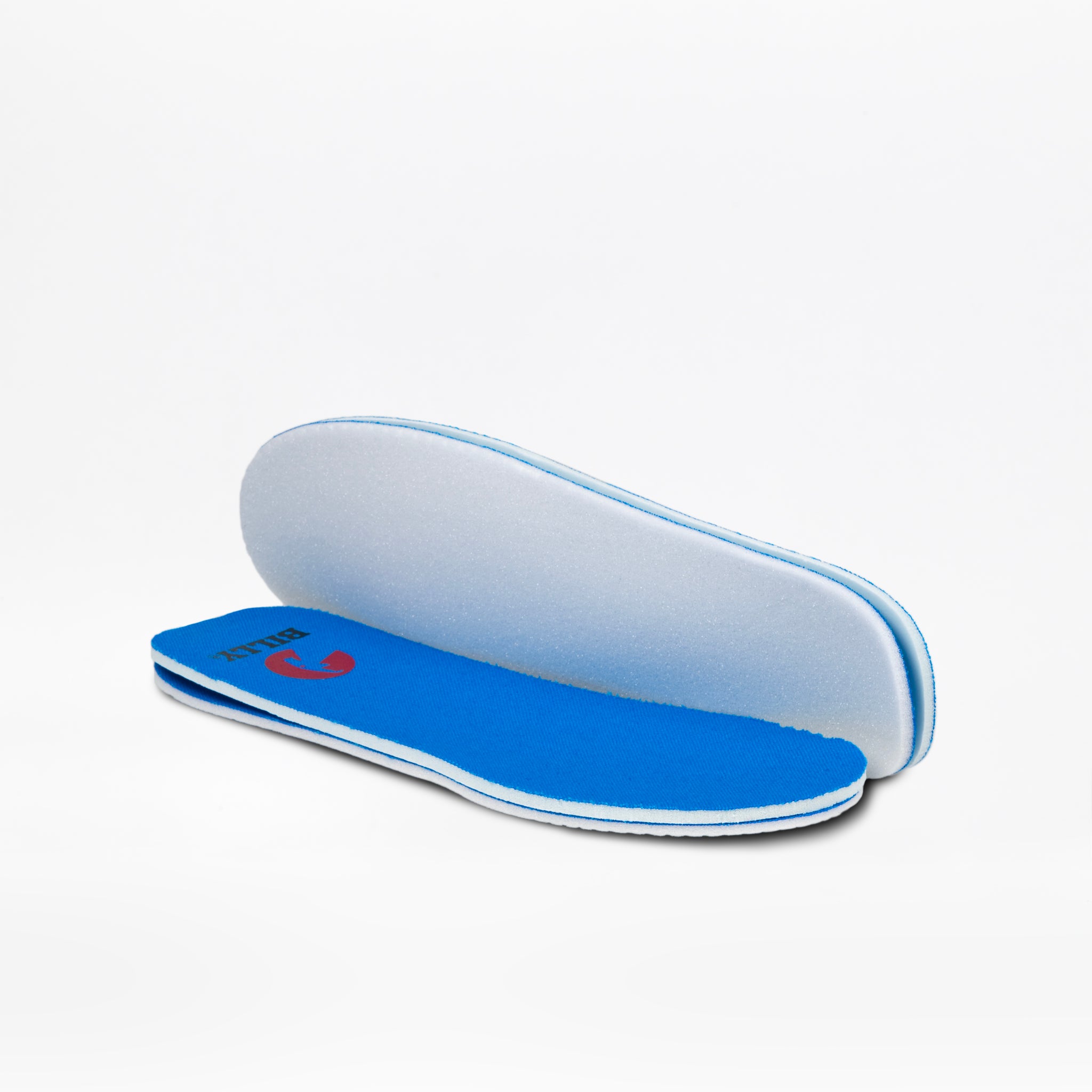 A pair of blue insoles for the SALE - Blue Sharks BILLY Classic Lace High by BILLY Footwear, one lying flat to show the top and the other upright showing the white cushioned underside, both set on a white background.
