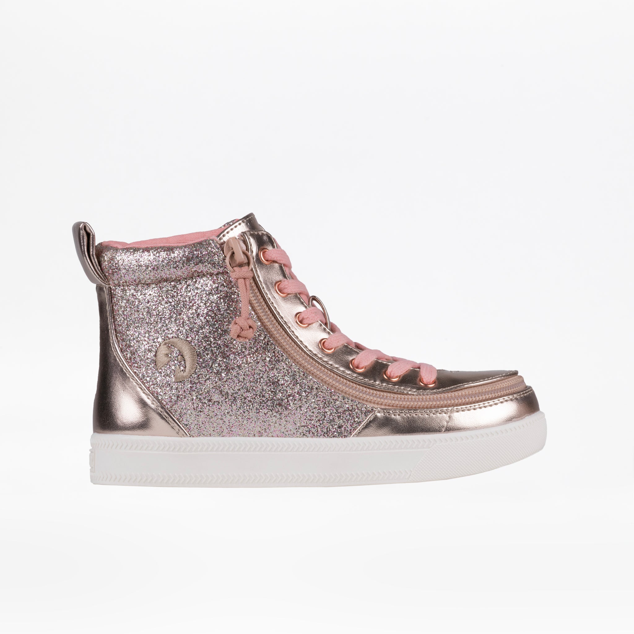 The BILLY Footwear Kids'/Toddler Classic Lace High (Sale) is a glittery pink and silver high top with pink laces, metallic accents, a wraparound zipper, and a white rubber sole, shown on a plain white background.