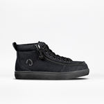 The FINAL SALE - Black to the Floor BILLY Classic D|R High by BILLY Footwear is a black high-top sneaker featuring a wide toe box, side zipper, black laces, removable insoles, and a subtle side logo against a white background.