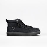 The FINAL SALE - Black to the Floor BILLY Classic D|R High by BILLY Footwear is a black high-top sneaker featuring a wide toe box, side zipper, black laces, removable insoles, and a subtle side logo against a white background.