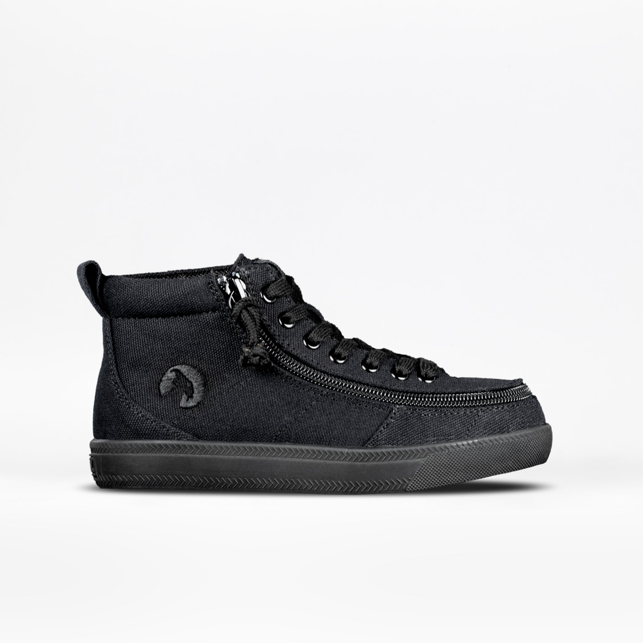The FINAL SALE - Black to the Floor BILLY Classic D|R High by BILLY Footwear is a black high-top sneaker featuring a wide toe box, side zipper, black laces, removable insoles, and a subtle side logo against a white background.