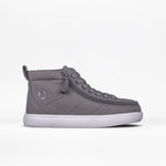 The “FINAL SALE - Dark Grey BILLY Classic D|R High” by BILLY Footwear is a gray mid-top kids’ sneaker with a side zipper, lace-up closure, white rubber sole, and removable insoles. Shown on a plain white background.