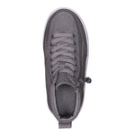 A top view of the FINAL SALE - Dark Grey BILLY Classic D|R High sneaker by BILLY Footwear with laces and a white sole, shown on a white background. This AFO-friendly shoe has an elastic toggle for an adjustable fit and removable insoles for comfort.