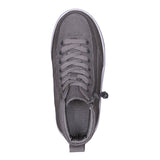 A top view of the FINAL SALE - Dark Grey BILLY Classic D|R High sneaker by BILLY Footwear with laces and a white sole, shown on a white background. This AFO-friendly shoe has an elastic toggle for an adjustable fit and removable insoles for comfort.
