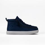 The FINAL SALE - Navy BILLY Classic D|R High by BILLY Footwear is a navy blue high-top sneaker with a wide toe box, side zipper, lace-up front, and white rubber sole, shown in profile on a plain white background.