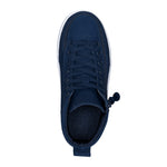 Top view of the FINAL SALE - Navy BILLY Classic D|R High sneaker by BILLY Footwear, featuring navy blue with matching laces, a white sole, wide toe box, and pull tab at the heel on a plain white background.