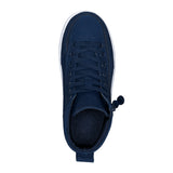 Top view of the FINAL SALE - Navy BILLY Classic D|R High sneaker by BILLY Footwear, featuring navy blue with matching laces, a white sole, wide toe box, and pull tab at the heel on a plain white background.