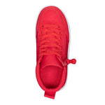 A top-down view of the FINAL SALE - Red BILLY Classic D|R High kids’ orthopedic sneaker by BILLY Footwear, featuring red laces, a fabric upper, white sole, and back loop, displayed on a white background.