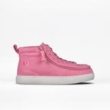 The FINAL SALE - Pink BILLY Classic D|R High by BILLY Footwear features pink high-top canvas styling, matching laces, removable insoles for custom fit, a heel pull tab, and a white rubber sole, shown on a white background.